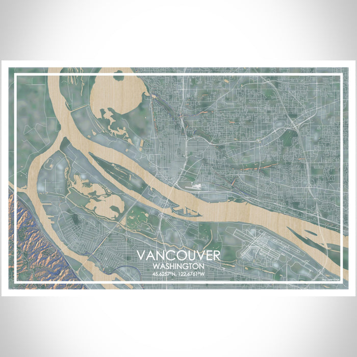 Vancouver Washington Map Print Landscape Orientation in Afternoon Style With Shaded Background