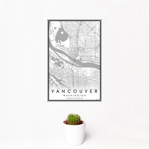 12x18 Vancouver Washington Map Print Portrait Orientation in Classic Style With Small Cactus Plant in White Planter