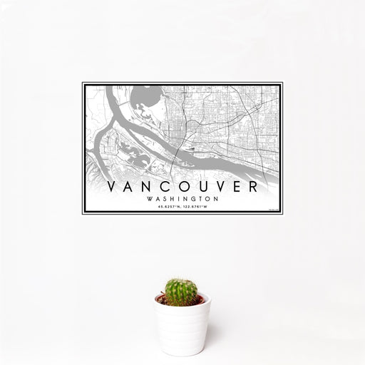 12x18 Vancouver Washington Map Print Landscape Orientation in Classic Style With Small Cactus Plant in White Planter