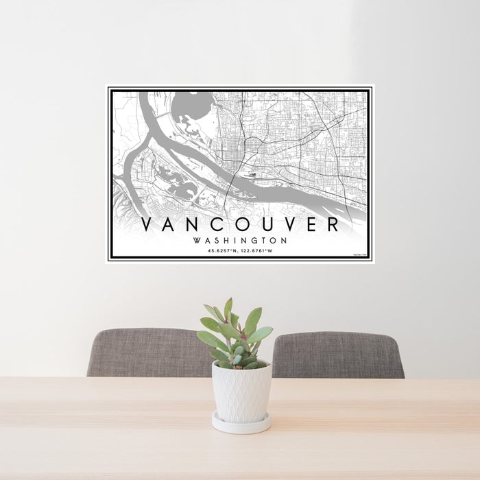 24x36 Vancouver Washington Map Print Landscape Orientation in Classic Style Behind 2 Chairs Table and Potted Plant
