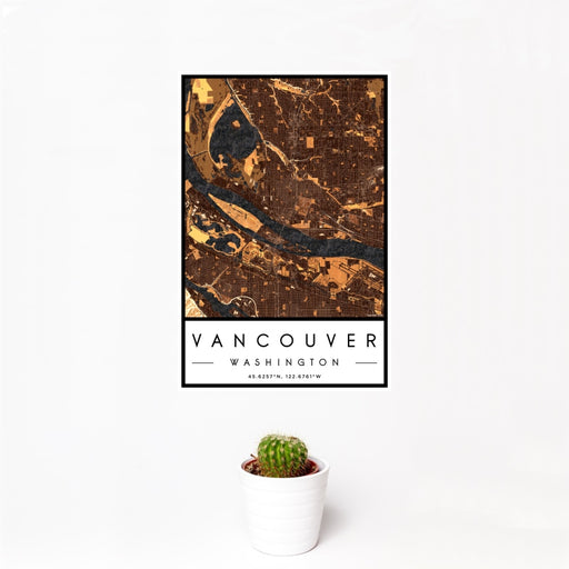 12x18 Vancouver Washington Map Print Portrait Orientation in Ember Style With Small Cactus Plant in White Planter