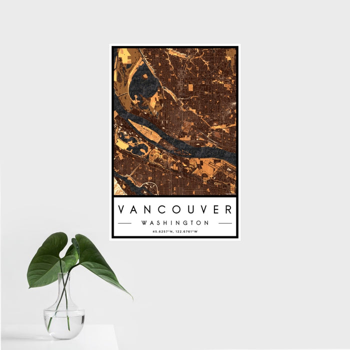 16x24 Vancouver Washington Map Print Portrait Orientation in Ember Style With Tropical Plant Leaves in Water