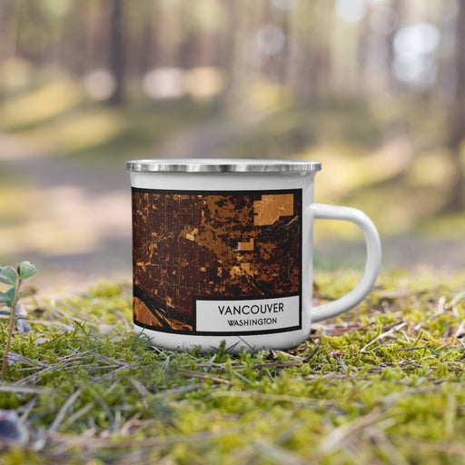 Right View Custom Vancouver Washington Map Enamel Mug in Ember on Grass With Trees in Background