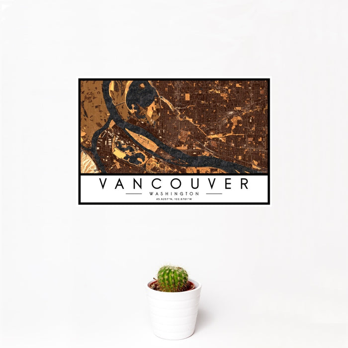 12x18 Vancouver Washington Map Print Landscape Orientation in Ember Style With Small Cactus Plant in White Planter