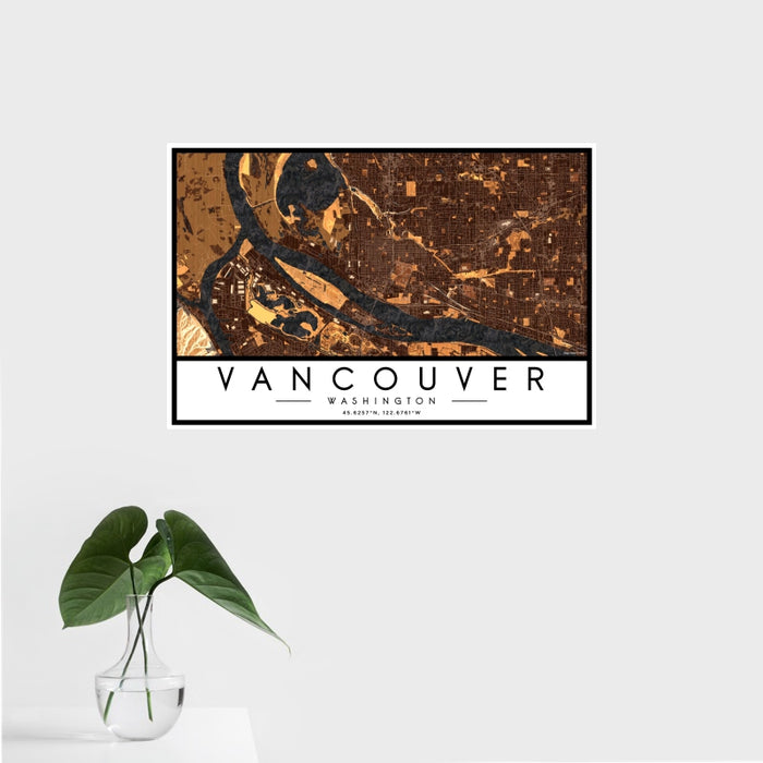 16x24 Vancouver Washington Map Print Landscape Orientation in Ember Style With Tropical Plant Leaves in Water
