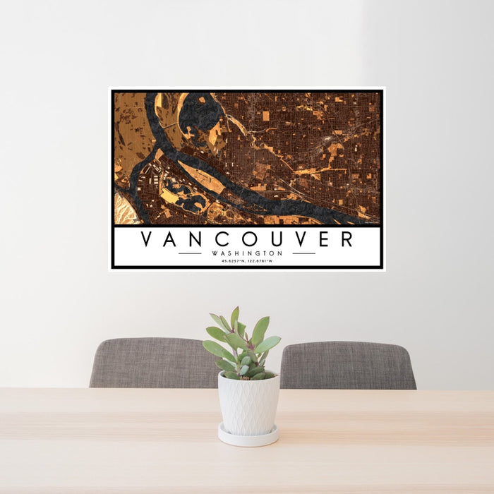 24x36 Vancouver Washington Map Print Landscape Orientation in Ember Style Behind 2 Chairs Table and Potted Plant