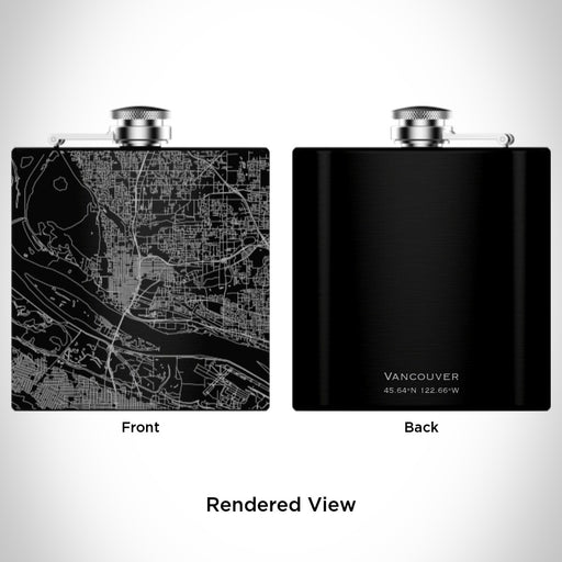 Rendered View of Vancouver Washington Map Engraving on 6oz Stainless Steel Flask in Black