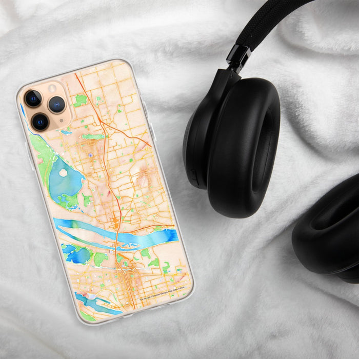 Custom Vancouver Washington Map Phone Case in Watercolor on Table with Black Headphones