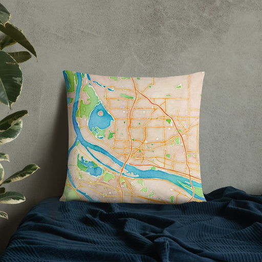Custom Vancouver Washington Map Throw Pillow in Watercolor on Bedding Against Wall