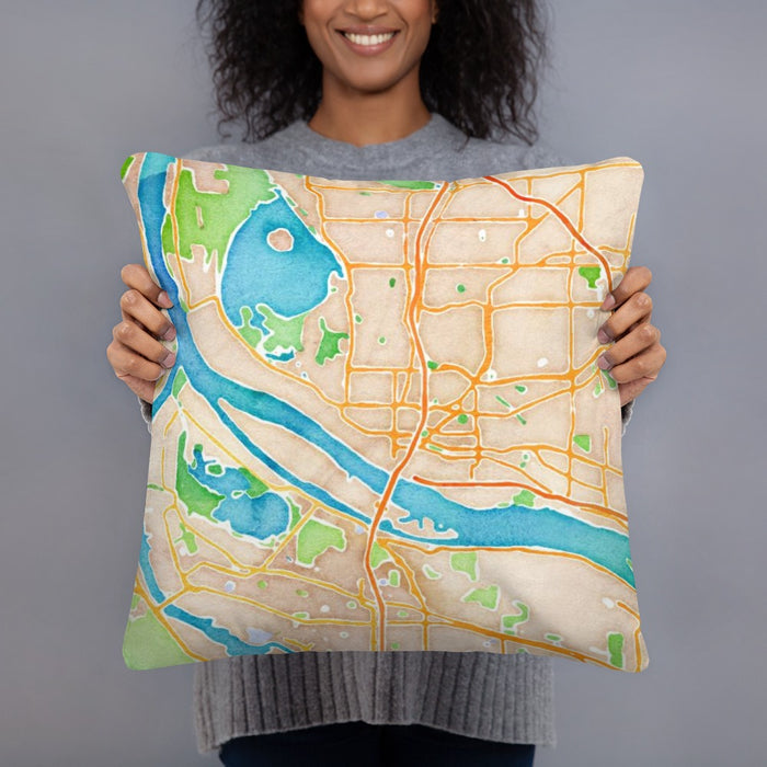 Person holding 18x18 Custom Vancouver Washington Map Throw Pillow in Watercolor