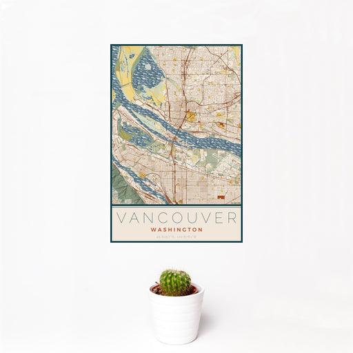 12x18 Vancouver Washington Map Print Portrait Orientation in Woodblock Style With Small Cactus Plant in White Planter