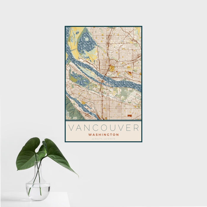16x24 Vancouver Washington Map Print Portrait Orientation in Woodblock Style With Tropical Plant Leaves in Water