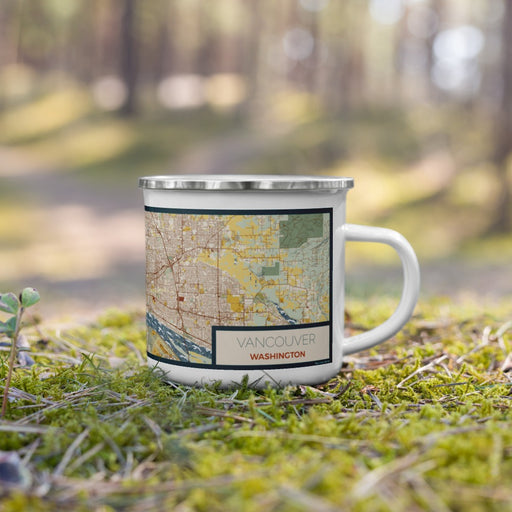 Right View Custom Vancouver Washington Map Enamel Mug in Woodblock on Grass With Trees in Background