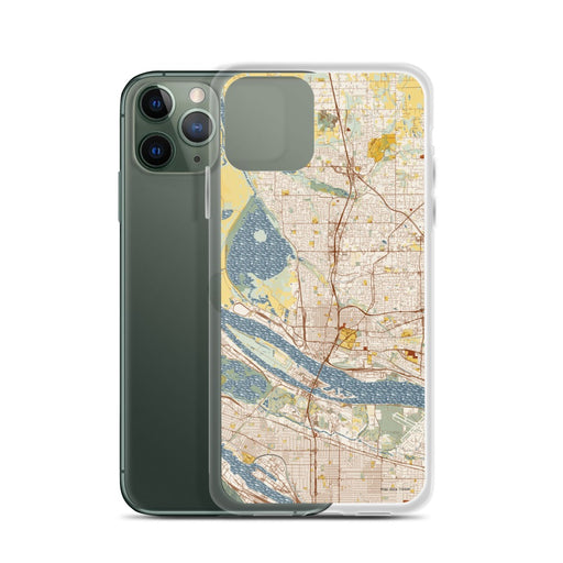 Custom Vancouver Washington Map Phone Case in Woodblock on Table with Laptop and Plant