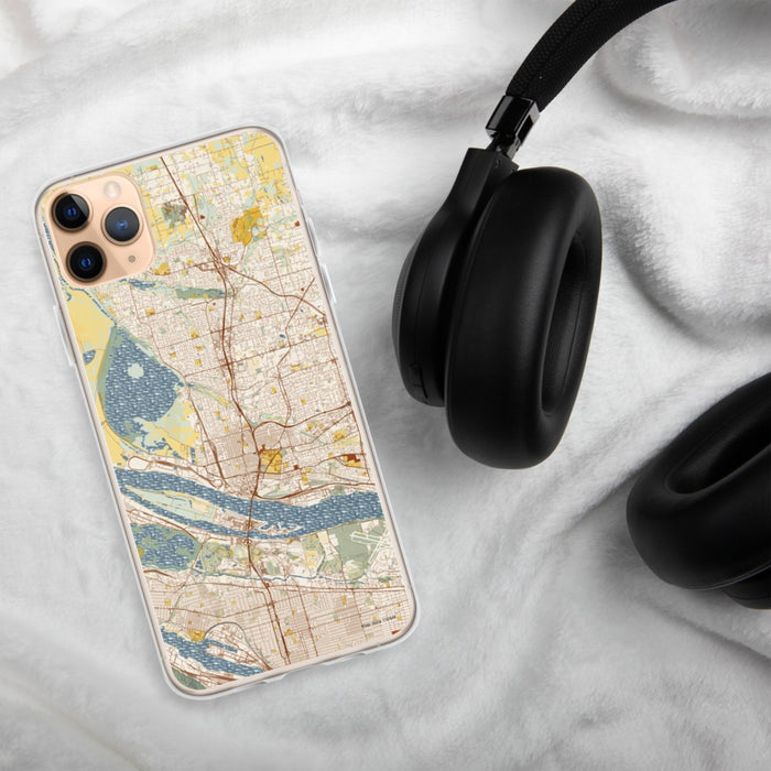 Custom Vancouver Washington Map Phone Case in Woodblock on Table with Black Headphones