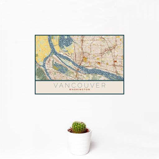 12x18 Vancouver Washington Map Print Landscape Orientation in Woodblock Style With Small Cactus Plant in White Planter