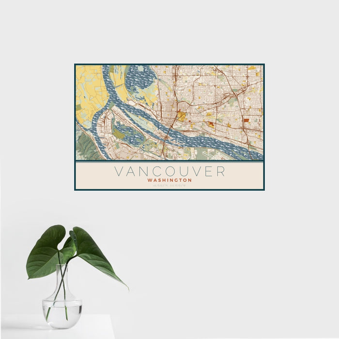 16x24 Vancouver Washington Map Print Landscape Orientation in Woodblock Style With Tropical Plant Leaves in Water