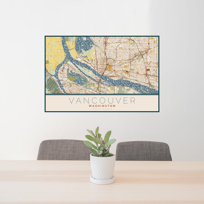24x36 Vancouver Washington Map Print Landscape Orientation in Woodblock Style Behind 2 Chairs Table and Potted Plant