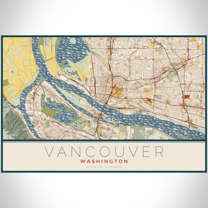 Vancouver Washington Map Print Landscape Orientation in Woodblock Style With Shaded Background