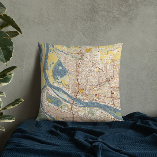 Custom Vancouver Washington Map Throw Pillow in Woodblock on Bedding Against Wall