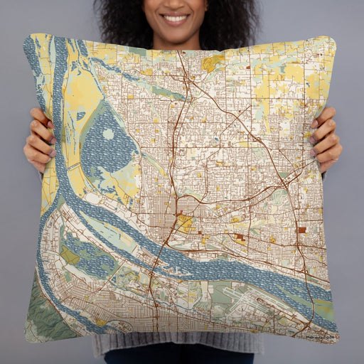 Person holding 22x22 Custom Vancouver Washington Map Throw Pillow in Woodblock