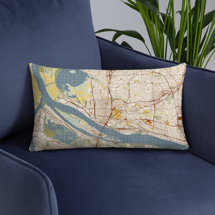 Custom Vancouver Washington Map Throw Pillow in Woodblock on Blue Colored Chair