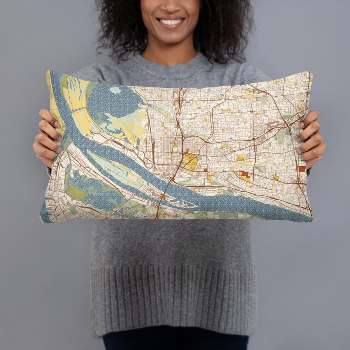 Person holding 20x12 Custom Vancouver Washington Map Throw Pillow in Woodblock