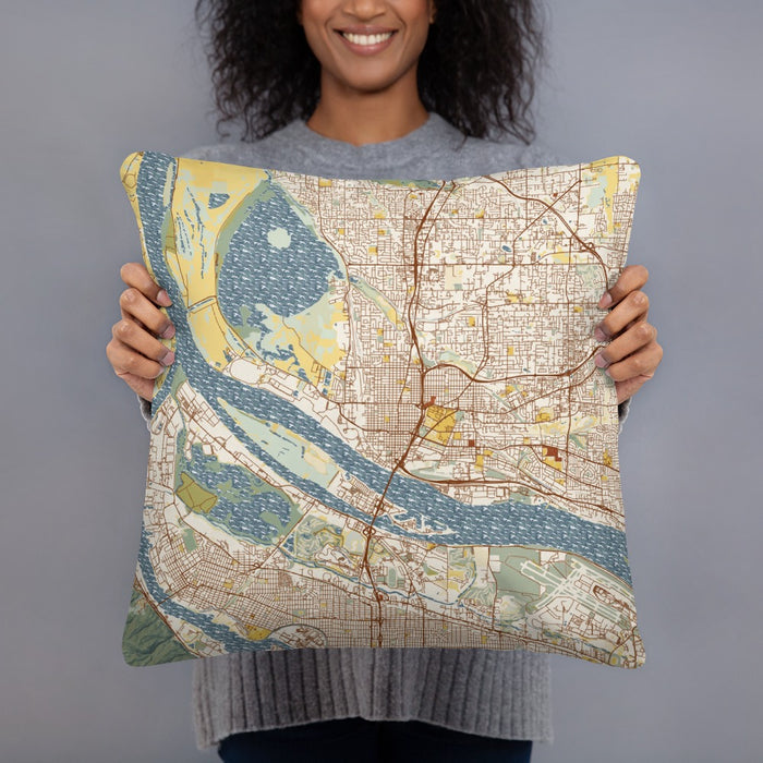 Person holding 18x18 Custom Vancouver Washington Map Throw Pillow in Woodblock