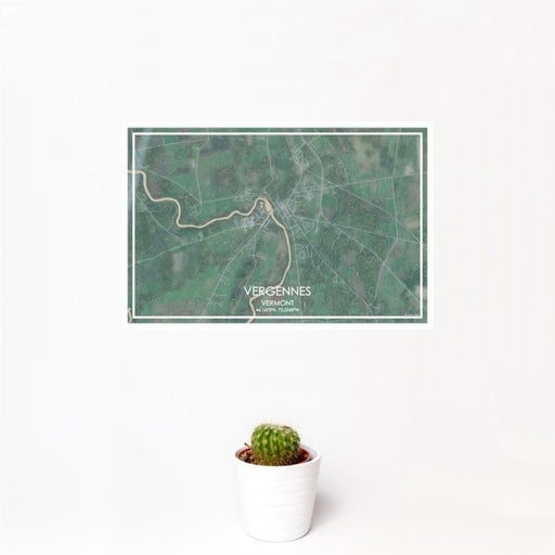 12x18 Vergennes Vermont Map Print Landscape Orientation in Afternoon Style With Small Cactus Plant in White Planter