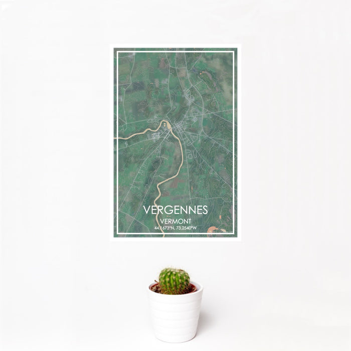 12x18 Vergennes Vermont Map Print Portrait Orientation in Afternoon Style With Small Cactus Plant in White Planter
