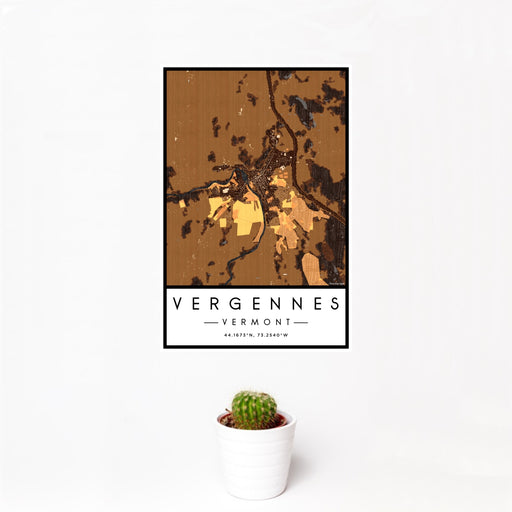 12x18 Vergennes Vermont Map Print Portrait Orientation in Ember Style With Small Cactus Plant in White Planter