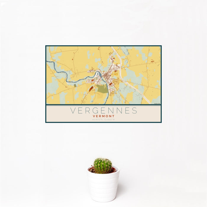 12x18 Vergennes Vermont Map Print Landscape Orientation in Woodblock Style With Small Cactus Plant in White Planter