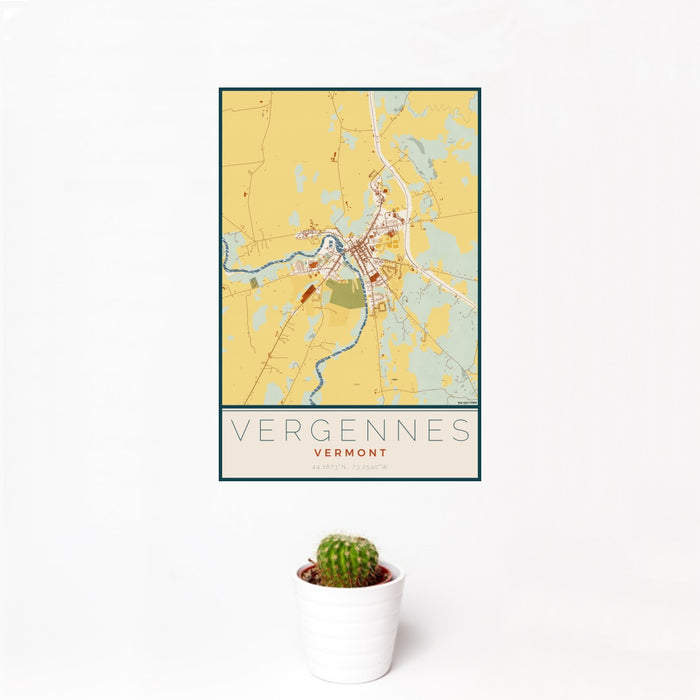 12x18 Vergennes Vermont Map Print Portrait Orientation in Woodblock Style With Small Cactus Plant in White Planter