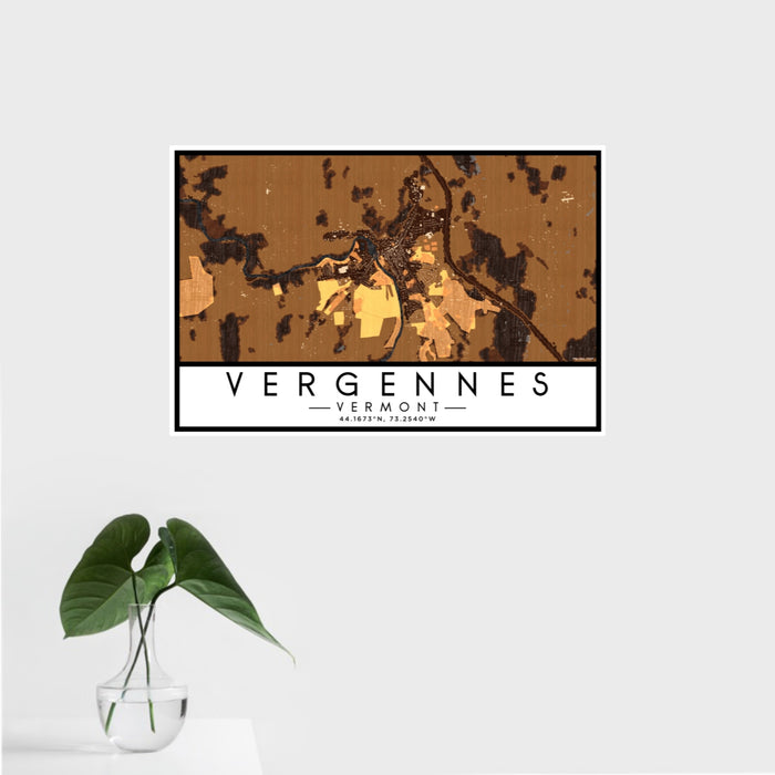16x24 Vergennes Vermont Map Print Landscape Orientation in Ember Style With Tropical Plant Leaves in Water