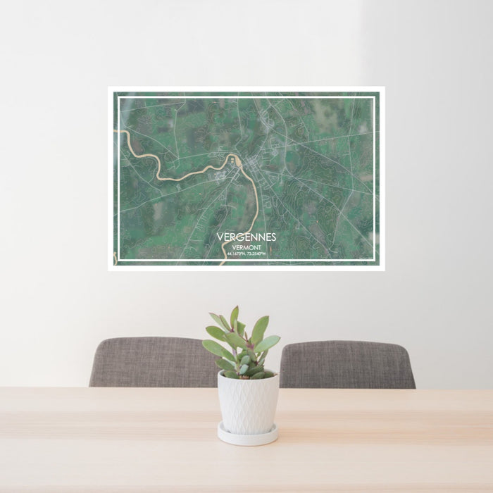 24x36 Vergennes Vermont Map Print Lanscape Orientation in Afternoon Style Behind 2 Chairs Table and Potted Plant