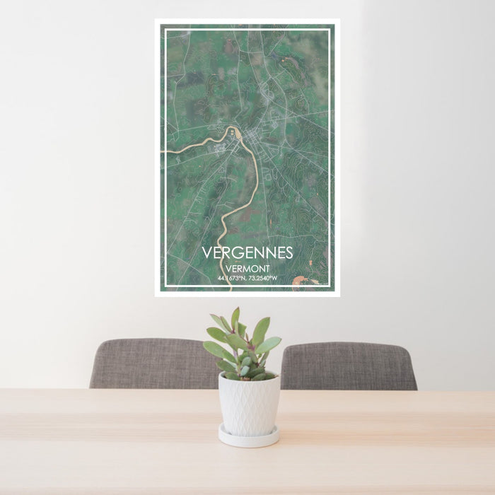 24x36 Vergennes Vermont Map Print Portrait Orientation in Afternoon Style Behind 2 Chairs Table and Potted Plant