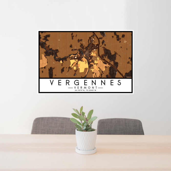 24x36 Vergennes Vermont Map Print Lanscape Orientation in Ember Style Behind 2 Chairs Table and Potted Plant