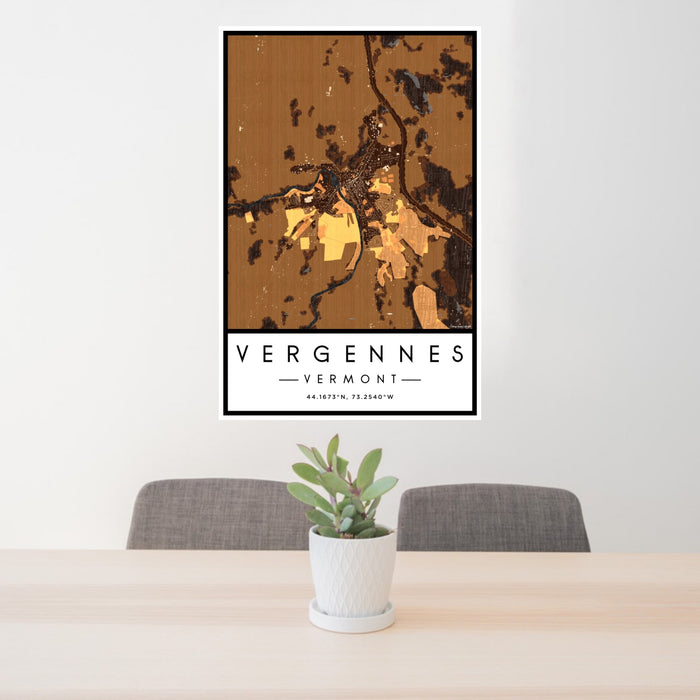 24x36 Vergennes Vermont Map Print Portrait Orientation in Ember Style Behind 2 Chairs Table and Potted Plant