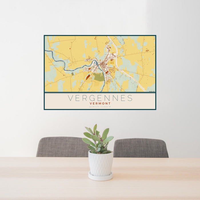 24x36 Vergennes Vermont Map Print Lanscape Orientation in Woodblock Style Behind 2 Chairs Table and Potted Plant