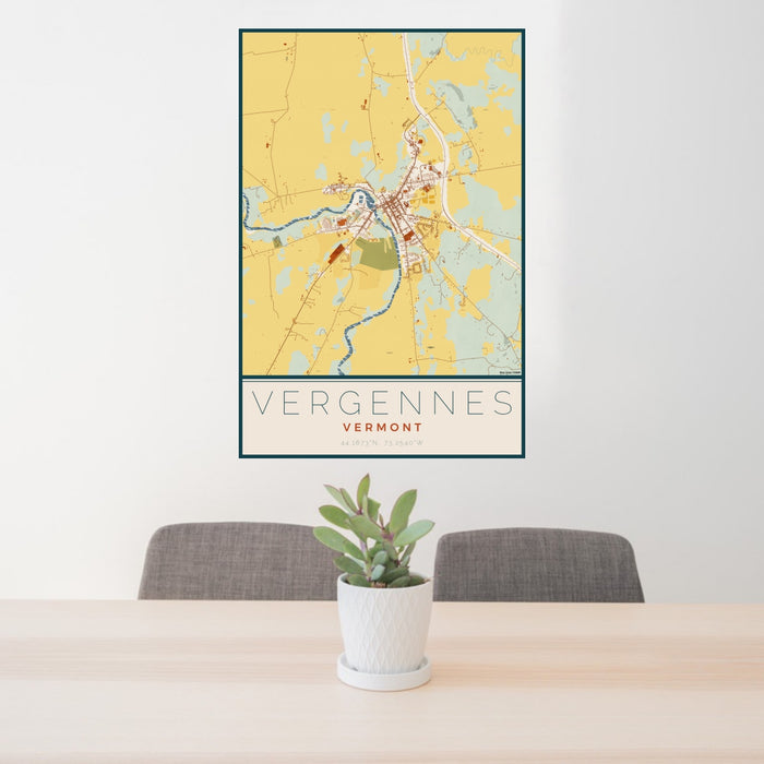 24x36 Vergennes Vermont Map Print Portrait Orientation in Woodblock Style Behind 2 Chairs Table and Potted Plant