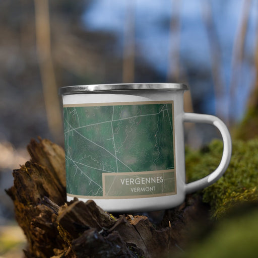 Right View Custom Vergennes Vermont Map Enamel Mug in Afternoon on Grass With Trees in Background