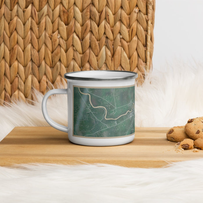 Left View Custom Vergennes Vermont Map Enamel Mug in Afternoon on Table Top