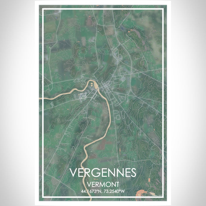 Vergennes Vermont Map Print Portrait Orientation in Afternoon Style With Shaded Background