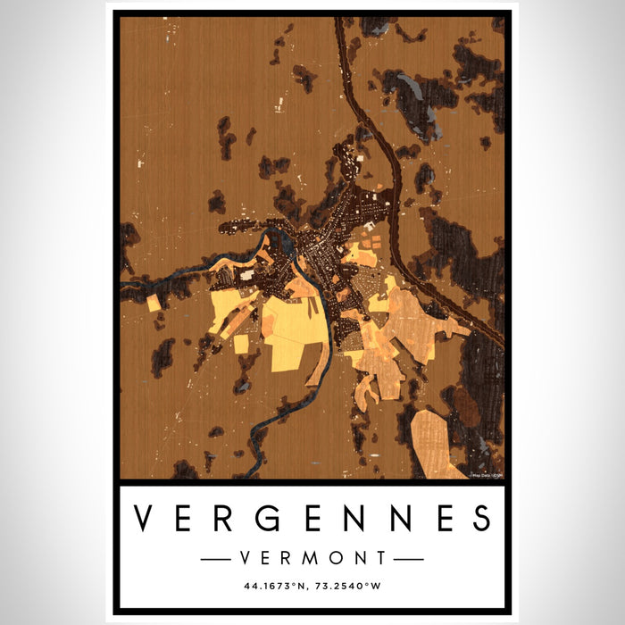 Vergennes Vermont Map Print Portrait Orientation in Ember Style With Shaded Background