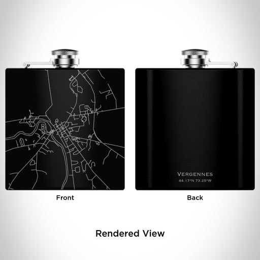 Rendered View of Vergennes Vermont Map Engraving on 6oz Stainless Steel Flask in Black