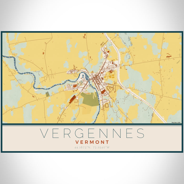 Vergennes Vermont Map Print Landscape Orientation in Woodblock Style With Shaded Background