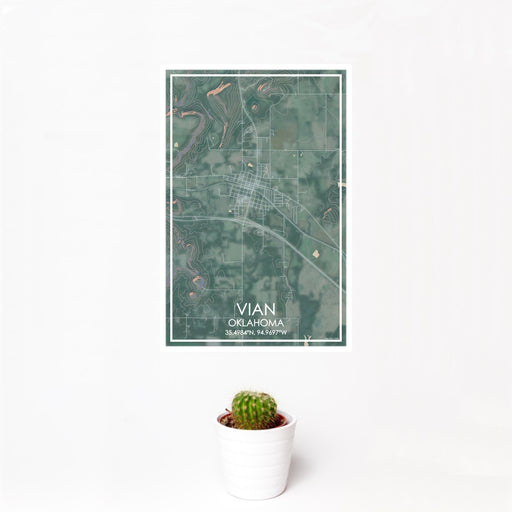 12x18 Vian Oklahoma Map Print Portrait Orientation in Afternoon Style With Small Cactus Plant in White Planter