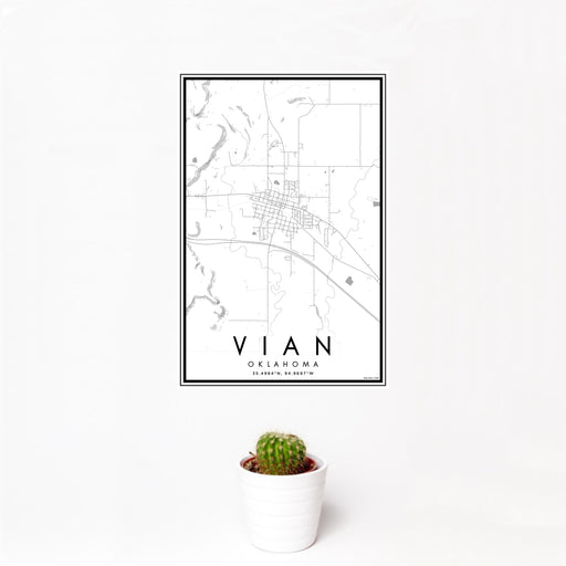 12x18 Vian Oklahoma Map Print Portrait Orientation in Classic Style With Small Cactus Plant in White Planter