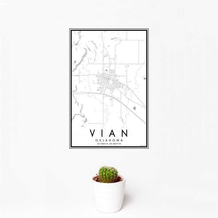 12x18 Vian Oklahoma Map Print Portrait Orientation in Classic Style With Small Cactus Plant in White Planter