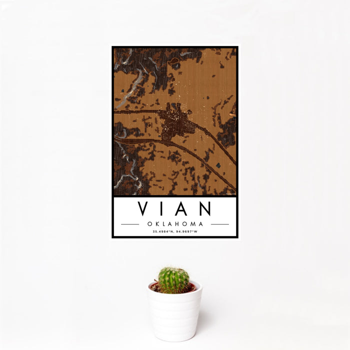 12x18 Vian Oklahoma Map Print Portrait Orientation in Ember Style With Small Cactus Plant in White Planter